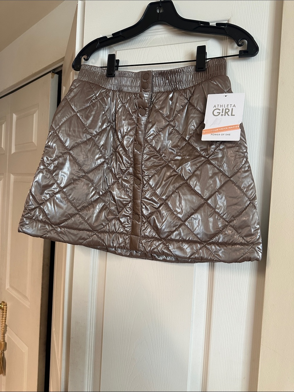 Athleta Metallic Quilted Mini Skirt in Taupe